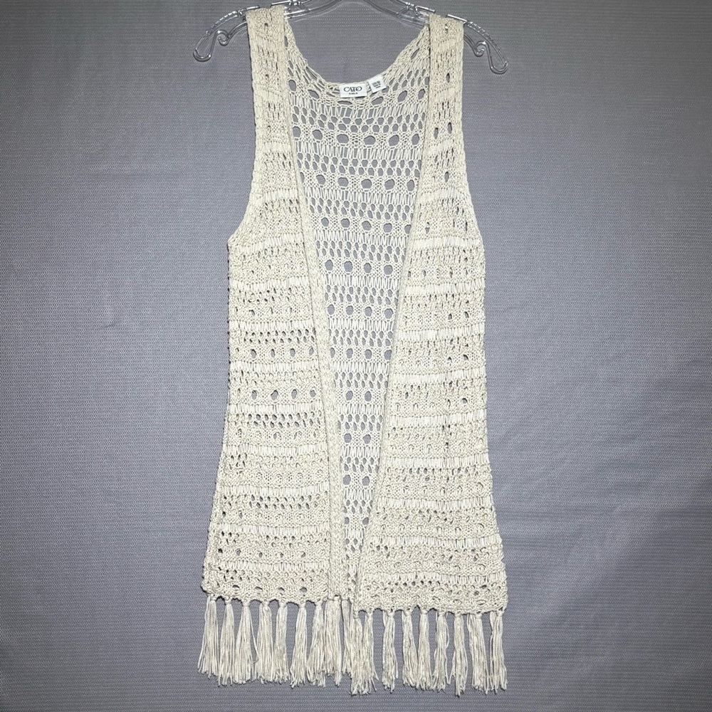 Crochet cardigan open knit long fringed country festival southwestern ivory Jr.L